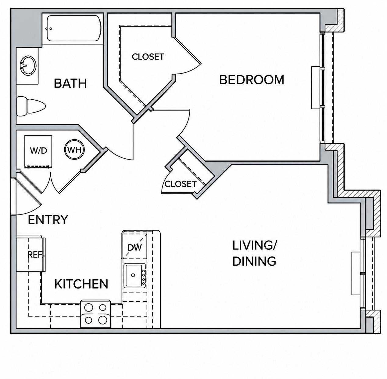 Floor plan for 1 bed, 1 bath, 865 sqft